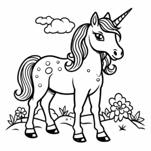 Dibujo de bonito unicornio en la naturaleza para colorear