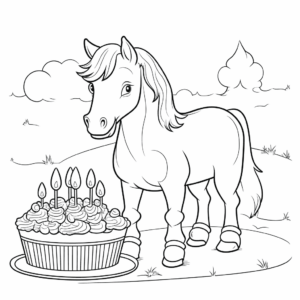 Dibujo de caballo con tarta de cumpleaños para colorear