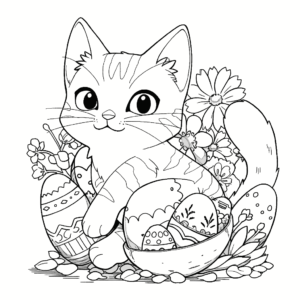 Dibujo de gato con huevos de pascua para colorear