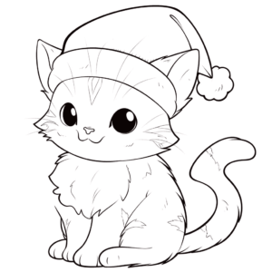 Dibujo de gato navideño con gorro de papá noel para colorear