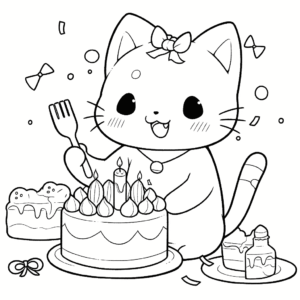 Dibujo de gato que celebra su cumpleaños para colorear