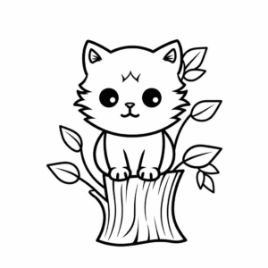 Dibujo de gato sentado en el tronco de un árbol para colorear