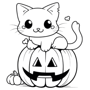 Dibujo de gato y calabaza de halloween para colorear