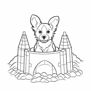 Dibujo de perro en un castillo de arena para colorear