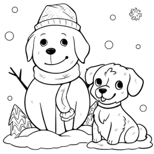 Dibujo de perro y muñeco de nieve para colorear