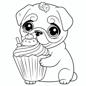 Dibujo de pug con cupcake para colorear