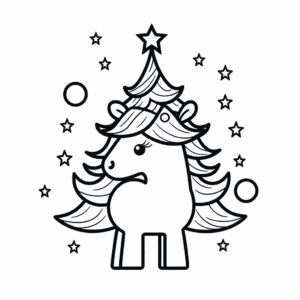 Dibujo de unicornio en el árbol de navidad para colorear