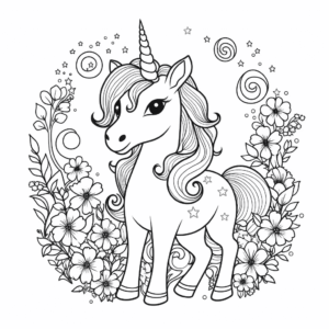 Dibujo de unicornio en jardín de flores para colorear