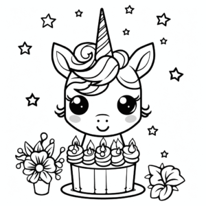 Dibujo de unicornio feliz cumpleaños para colorear