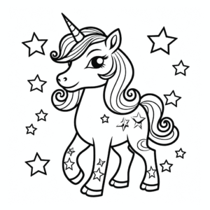 Dibujo de unicornio femenino con estrellas para colorear