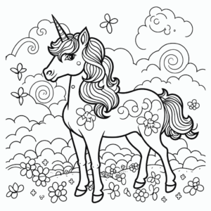 Dibujo de unicornio y arco iris para colorear