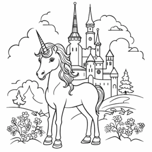 Dibujo de unicornio y castillo para colorear