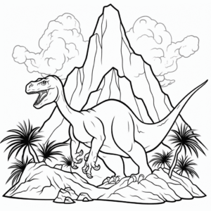 Dibujo de dinosaurio y volcán para colorear